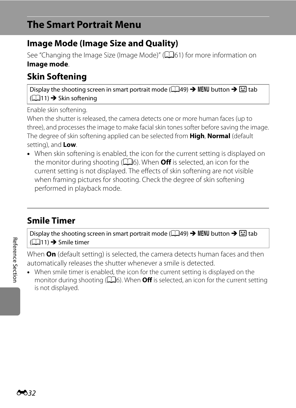 The smart portrait menu, Image mode (image size and quality), Skin softening | Smile timer | Nikon AW100 User Manual | Page 152 / 242