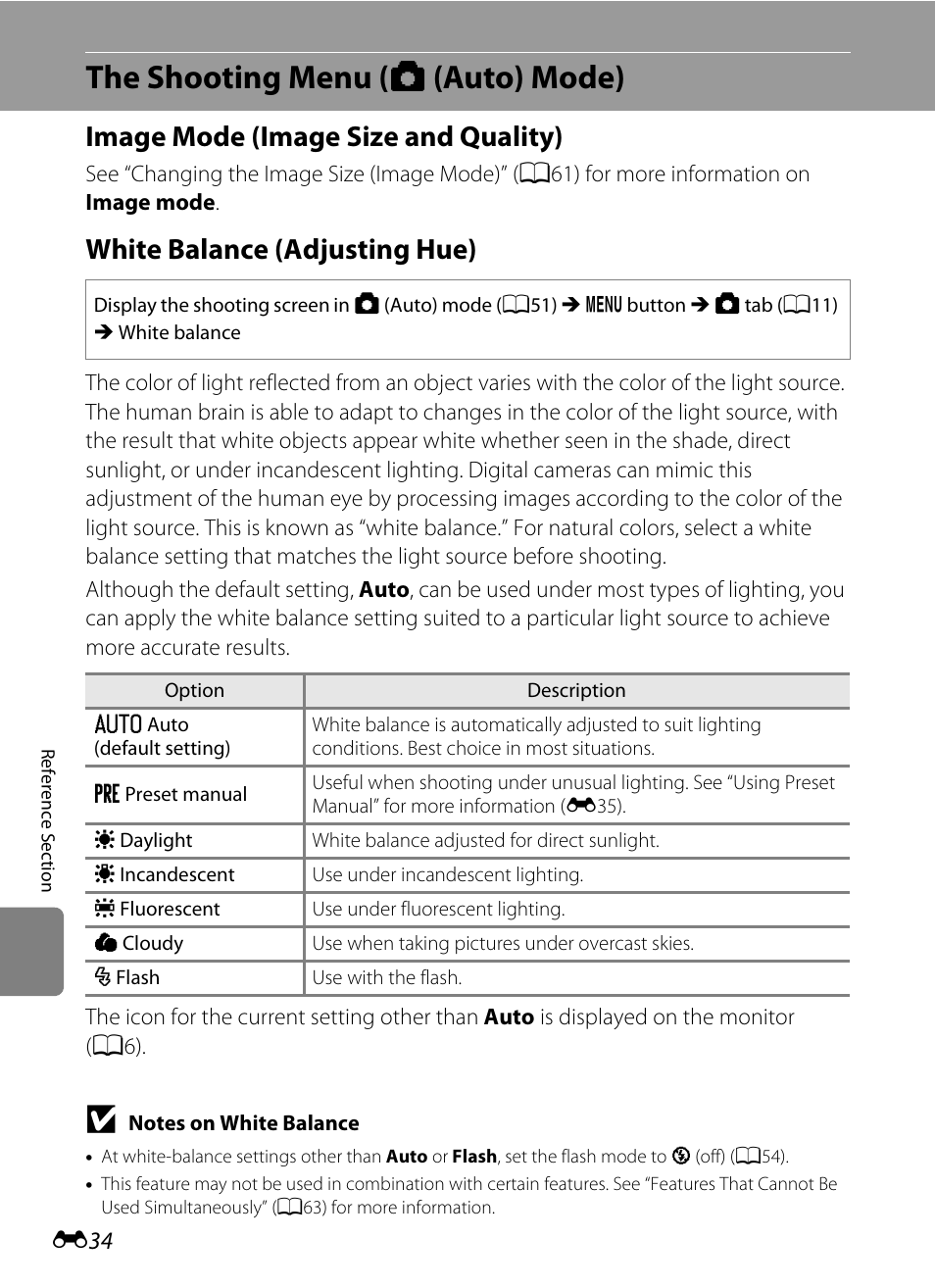 The shooting menu (auto mode), Image mode (image size and quality), White balance (adjusting hue) | The shooting menu (a (auto) mode), The shooting menu ( a (auto) mode) | Nikon AW100 User Manual | Page 154 / 242