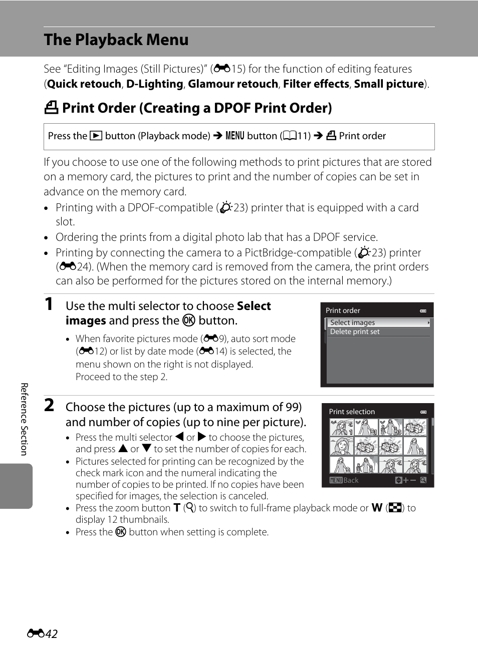 The playback menu, Print order (creating a dpof print order), A print order (creating a dpof print order) | Back menu” (e42) in, E42) op, E42), E 42 | Nikon AW100 User Manual | Page 162 / 242