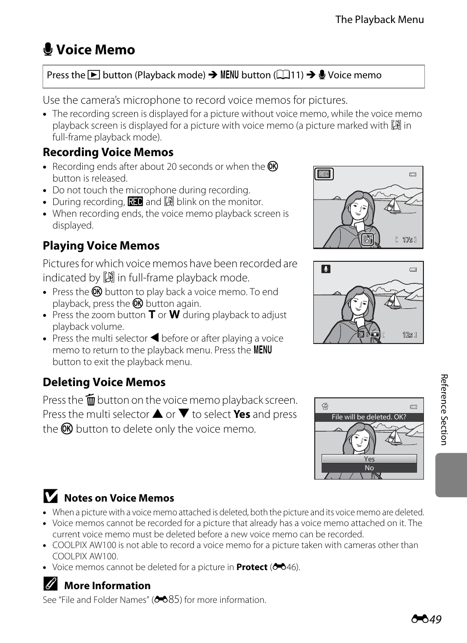 Voice memo, E 49 | Nikon AW100 User Manual | Page 169 / 242