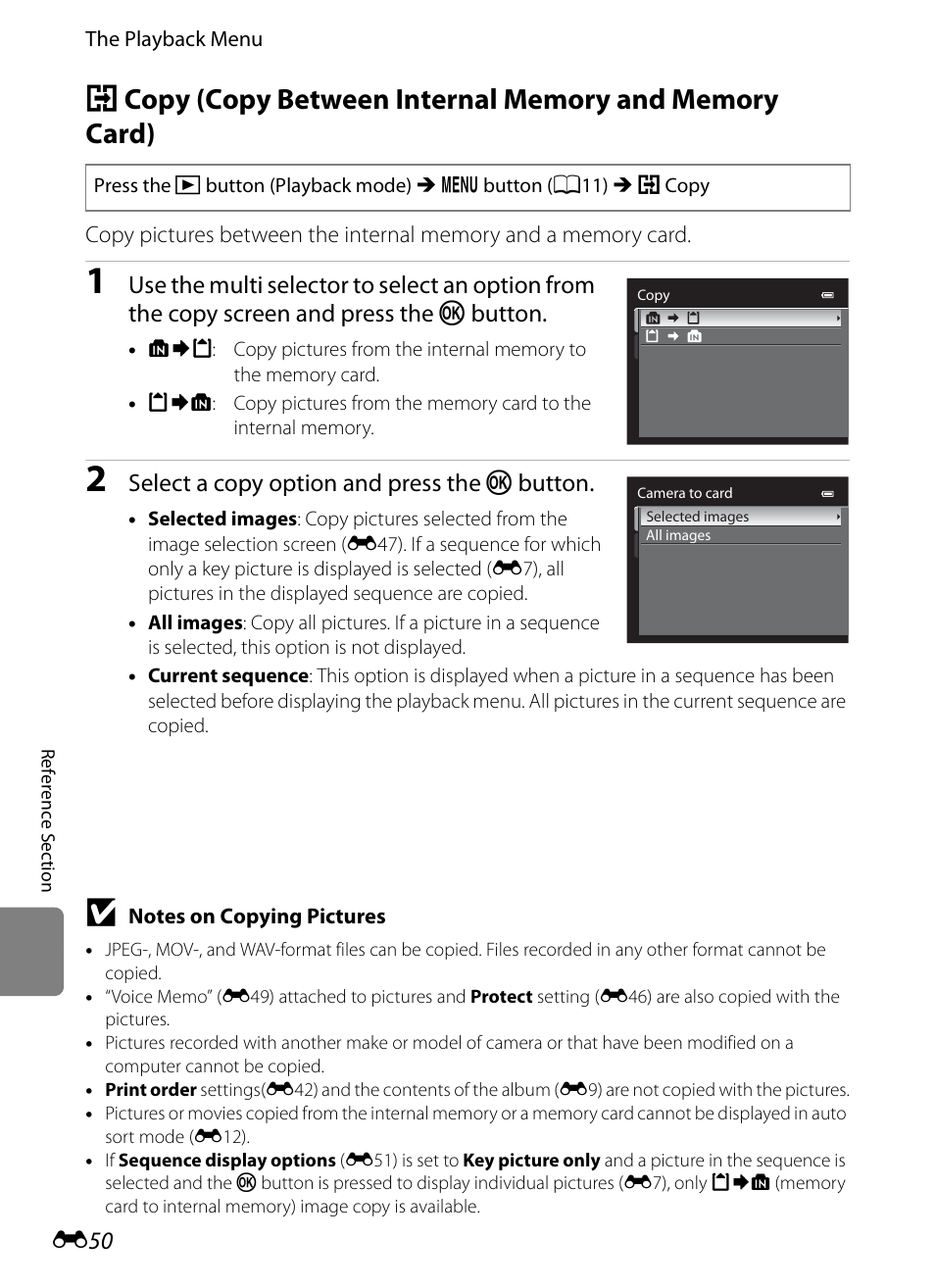 E 50, Select a copy option and press the k button | Nikon AW100 User Manual | Page 170 / 242