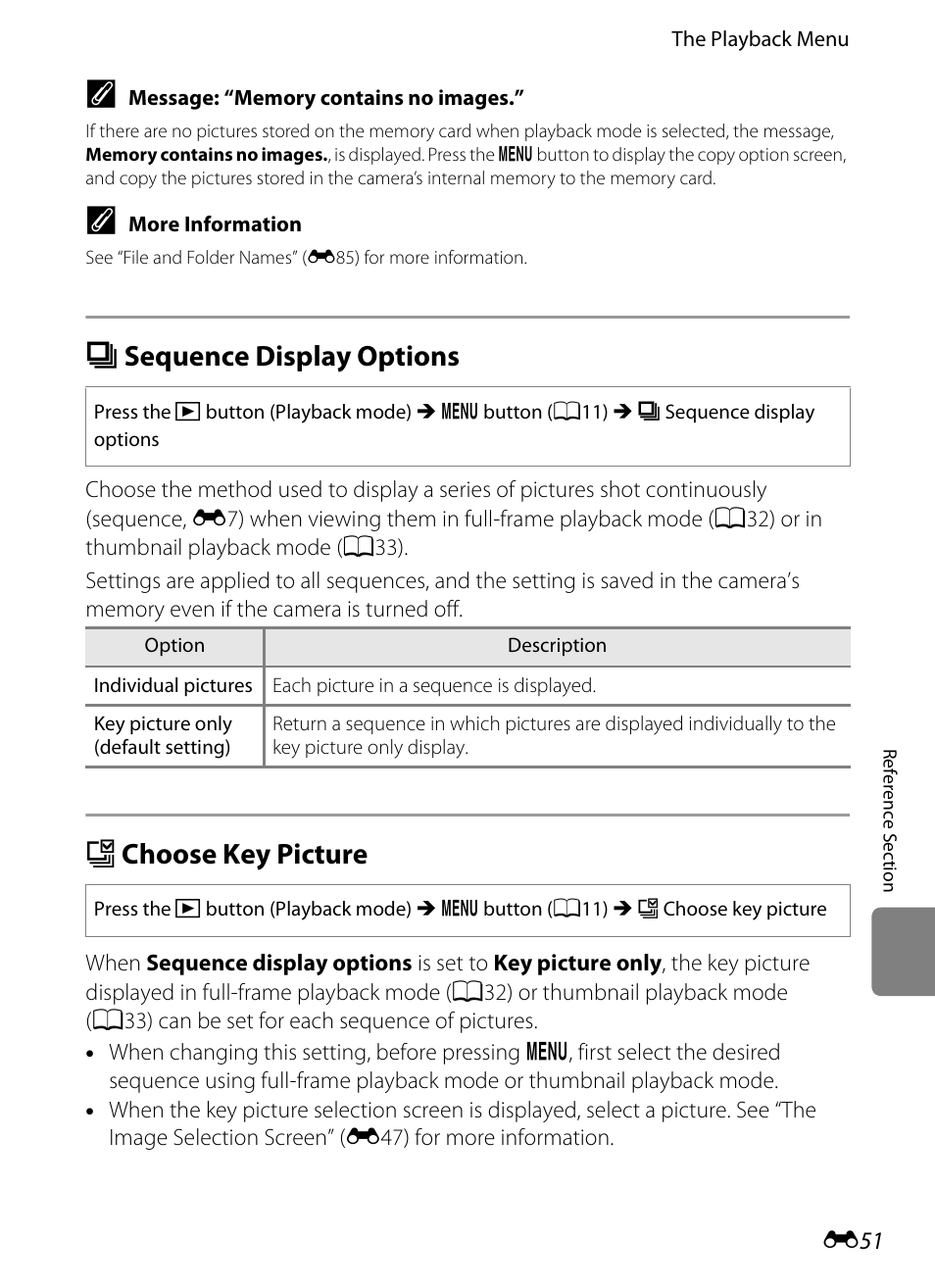 Sequence display options, Choose key picture, C sequence display options | X choose key picture, E51), E51) to, E51) i | Nikon AW100 User Manual | Page 171 / 242