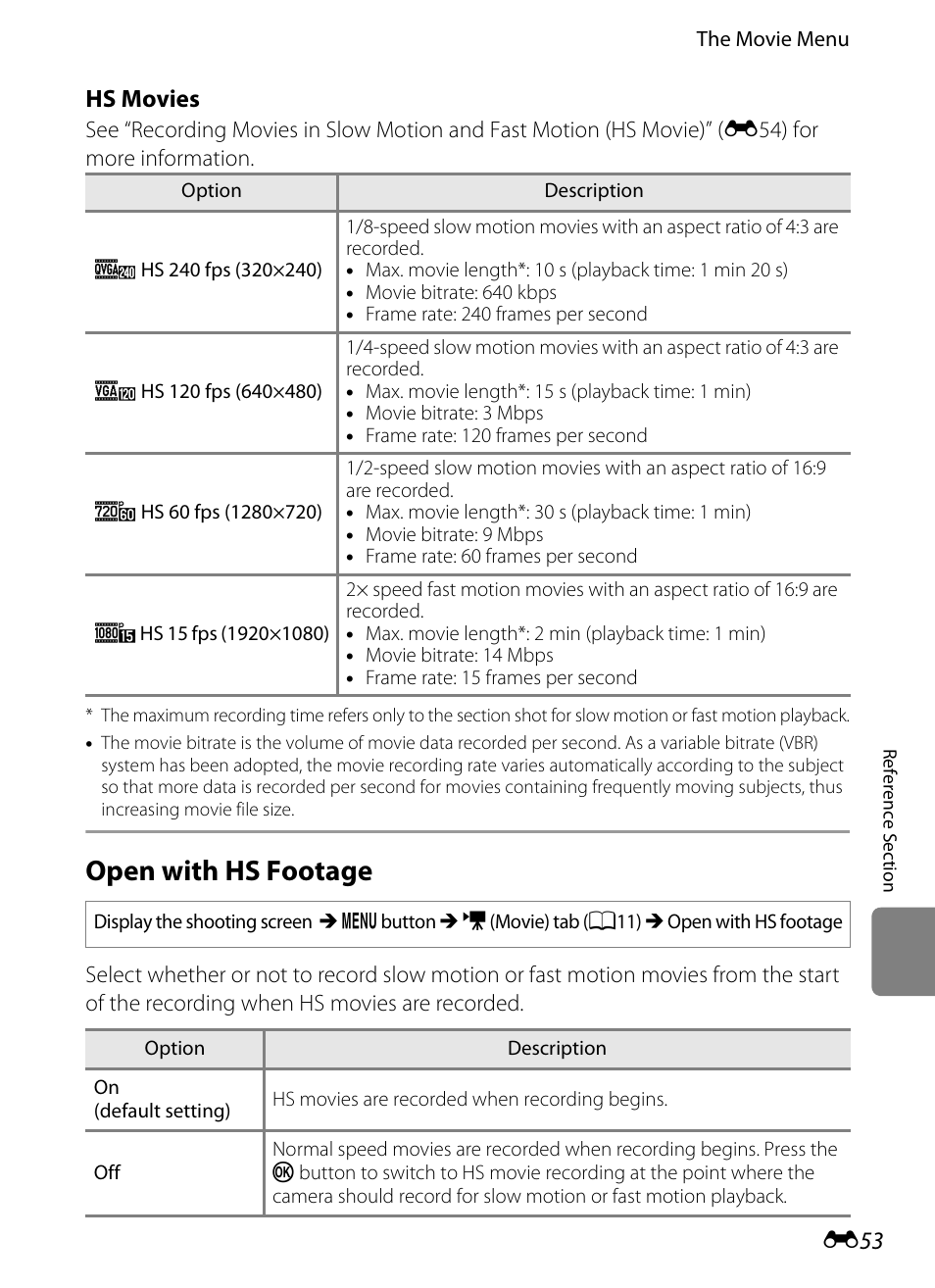 Open with hs footage, E 53, Hs movies | Nikon AW100 User Manual | Page 173 / 242