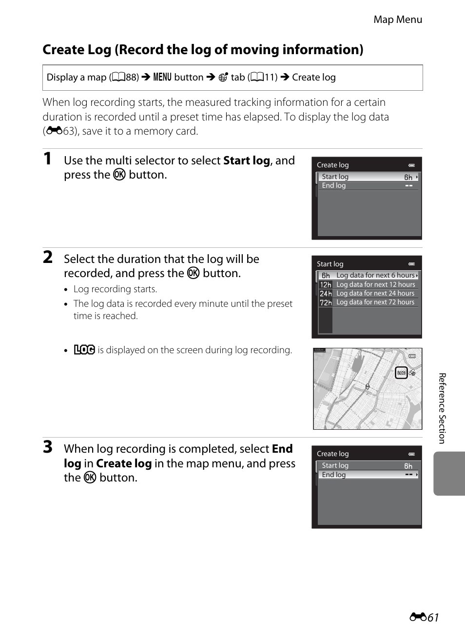 Create log (record the log of moving information), E 61 | Nikon AW100 User Manual | Page 181 / 242