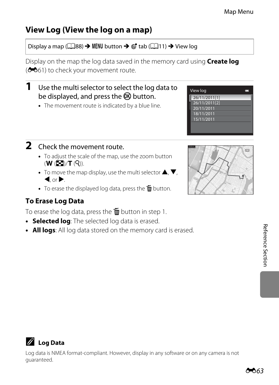 View log (view the log on a map), E63), s, E 63 | Check the movement route | Nikon AW100 User Manual | Page 183 / 242