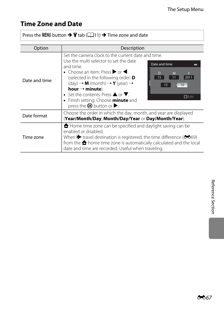 Time zone and date, E67), E 67 | Nikon AW100 User Manual | Page 187 / 242