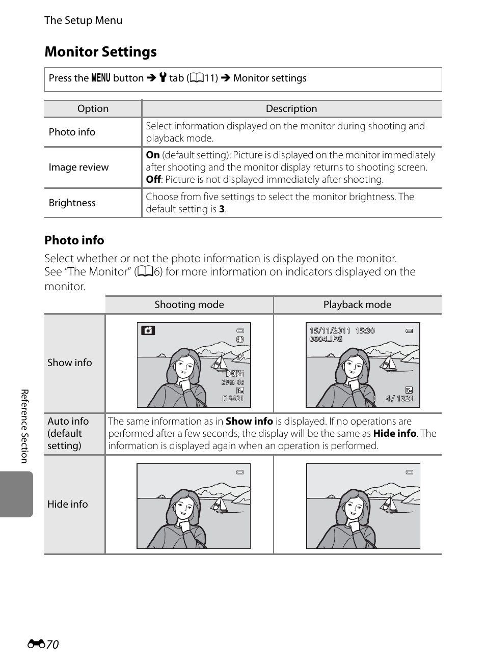 Monitor settings, E 70, Photo info | Nikon AW100 User Manual | Page 190 / 242