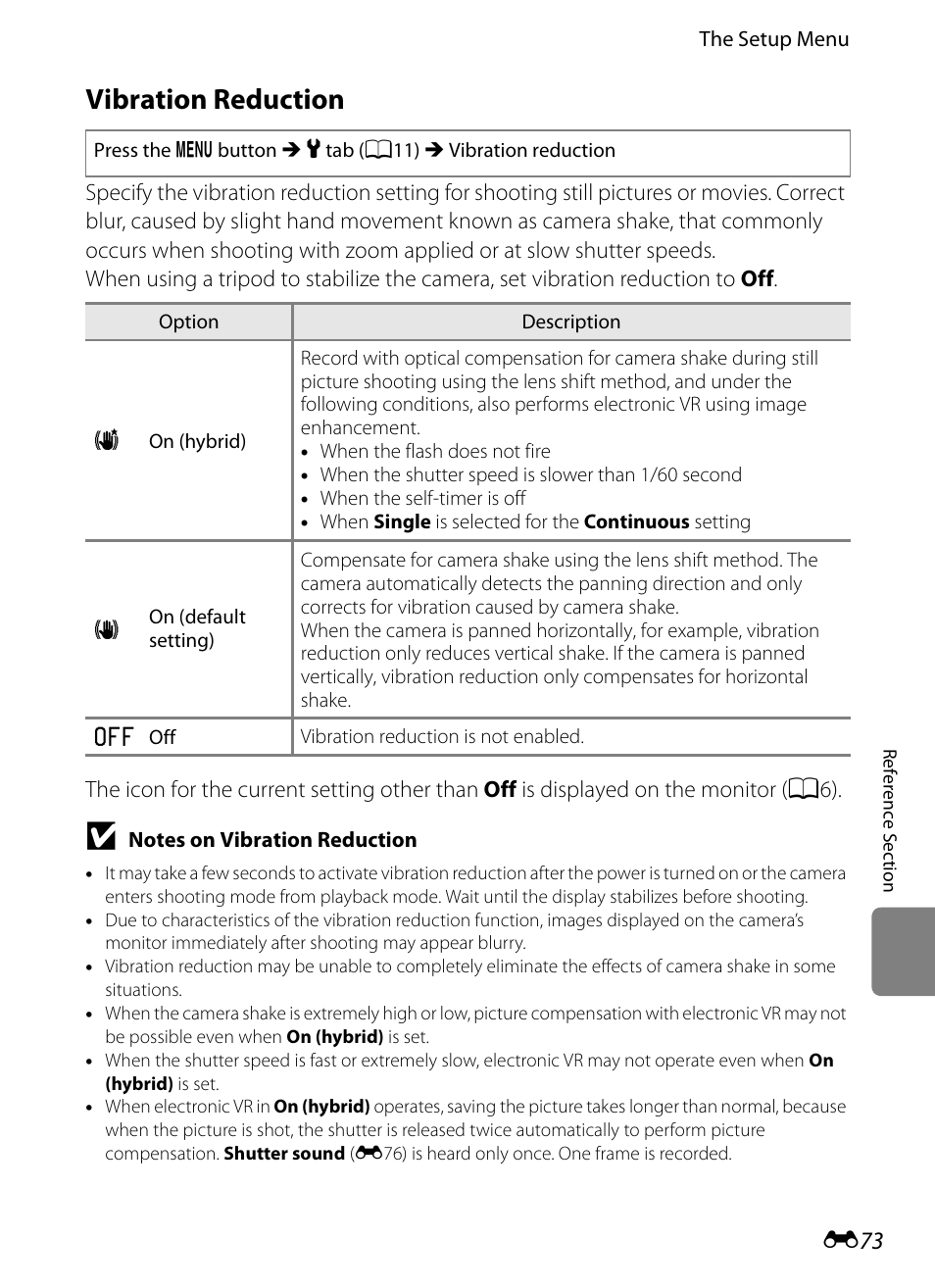 Vibration reduction, E73) to, E 73 | Nikon AW100 User Manual | Page 193 / 242