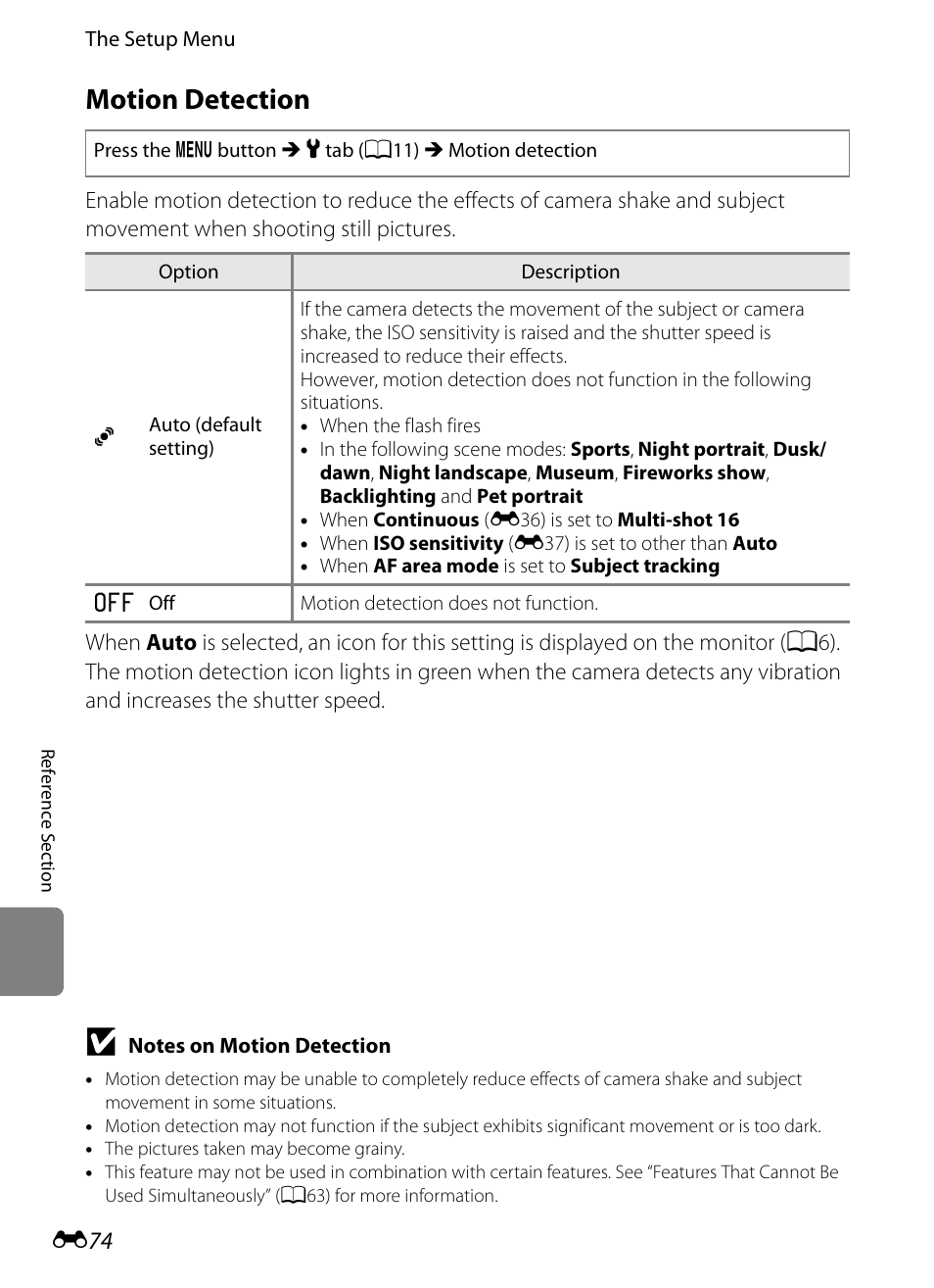 Motion detection, E 74 | Nikon AW100 User Manual | Page 194 / 242