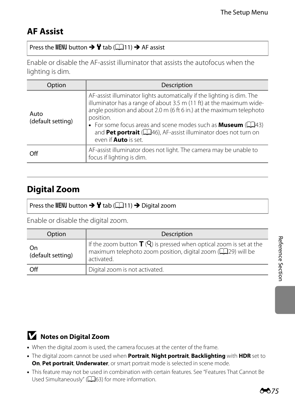 Af assist, Digital zoom, E 75 | Nikon AW100 User Manual | Page 195 / 242