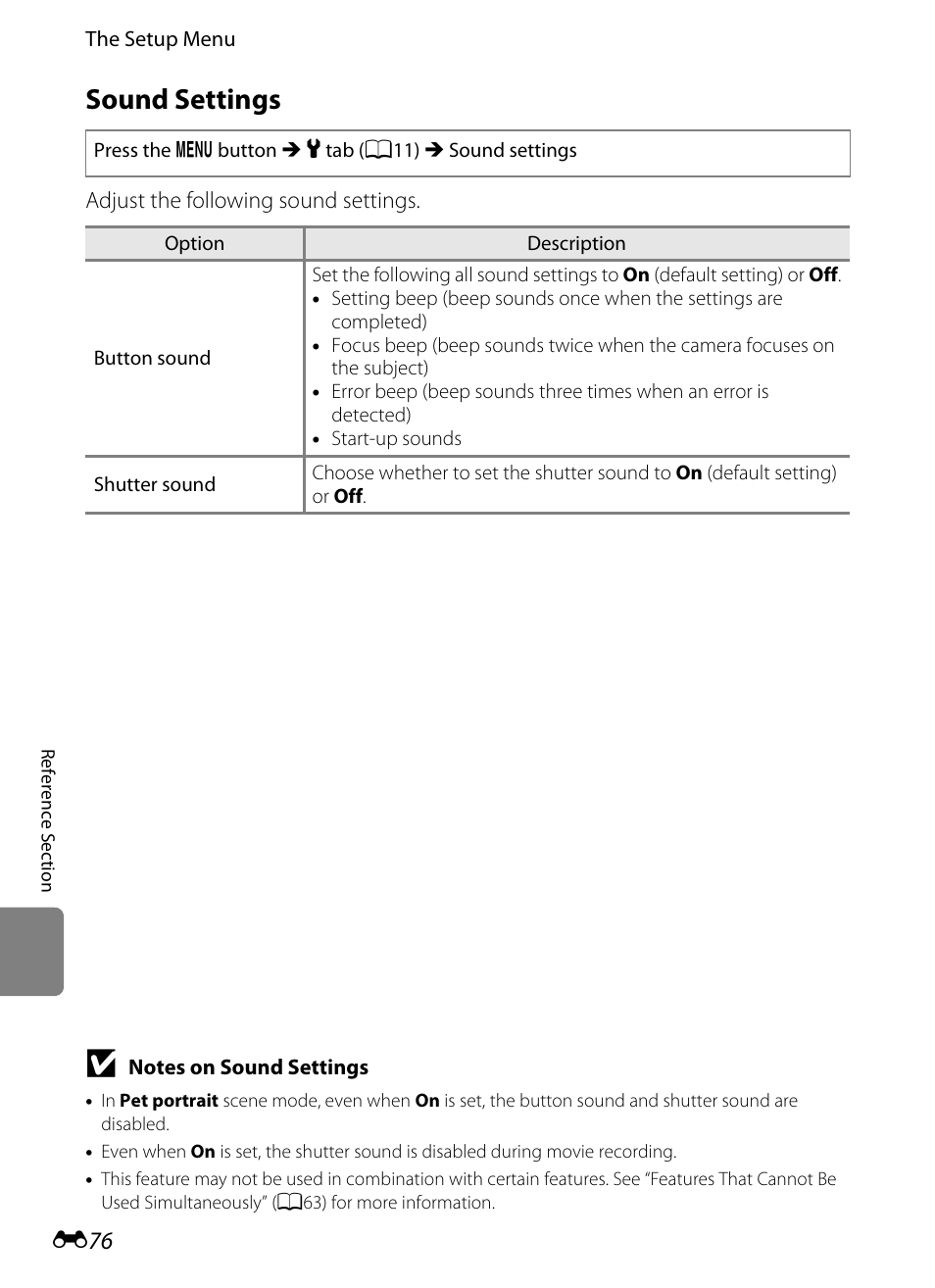 Sound settings, E 76 | Nikon AW100 User Manual | Page 196 / 242