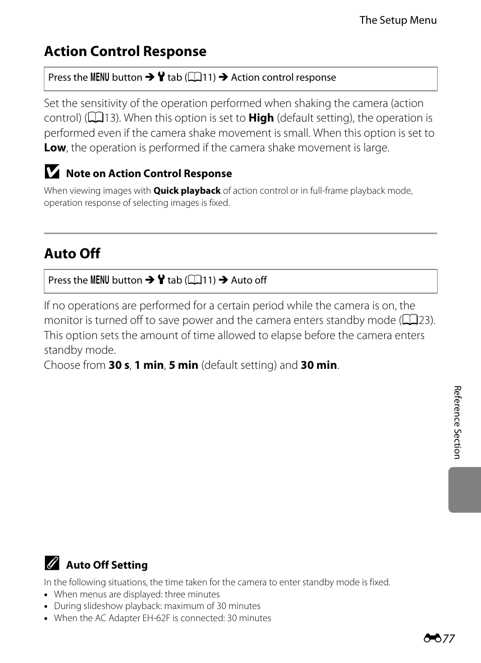 Action control response, Auto off, E77) trig | E77) | Nikon AW100 User Manual | Page 197 / 242