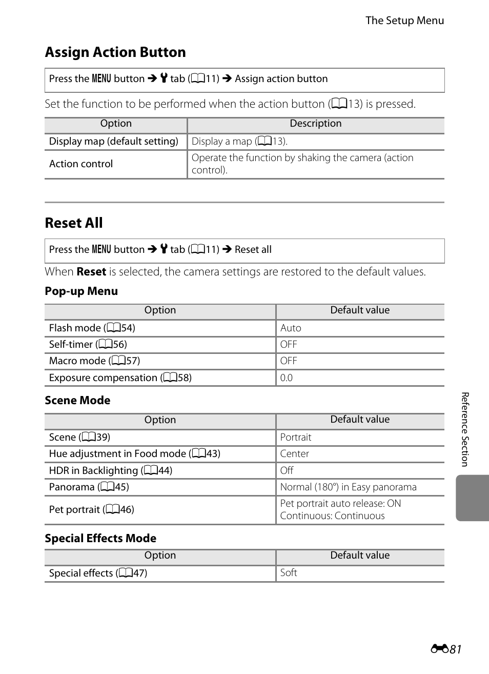 Assign action button, Reset all, E 81 | Nikon AW100 User Manual | Page 201 / 242