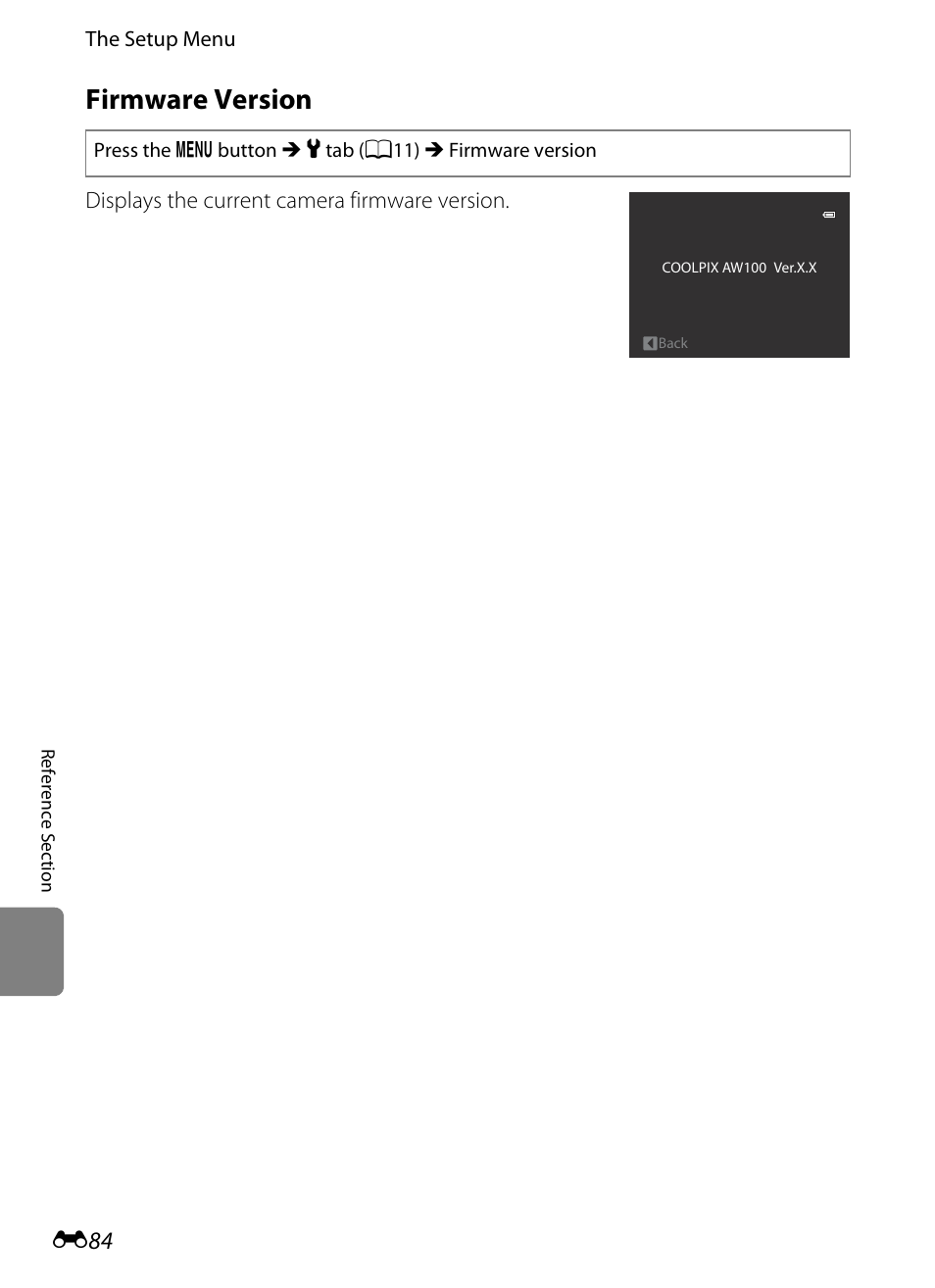 Firmware version, E 84 | Nikon AW100 User Manual | Page 204 / 242