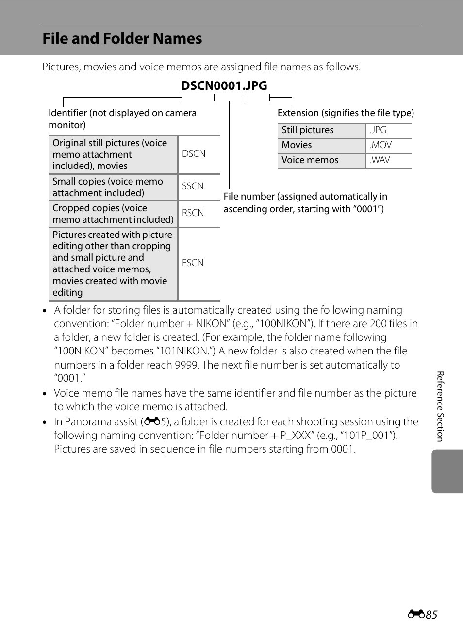 File and folder names, Ee “file and folder names, E85) | E “file and folder names, E85) i, Dscn0001.jpg | Nikon AW100 User Manual | Page 205 / 242