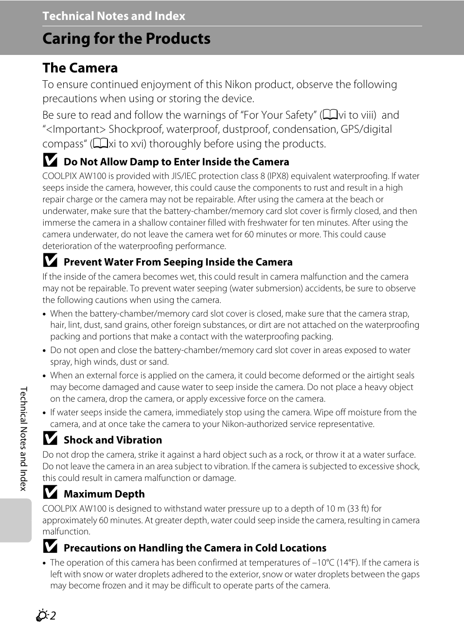 Caring for the products, The camera, Technical notes and index | Nikon AW100 User Manual | Page 216 / 242