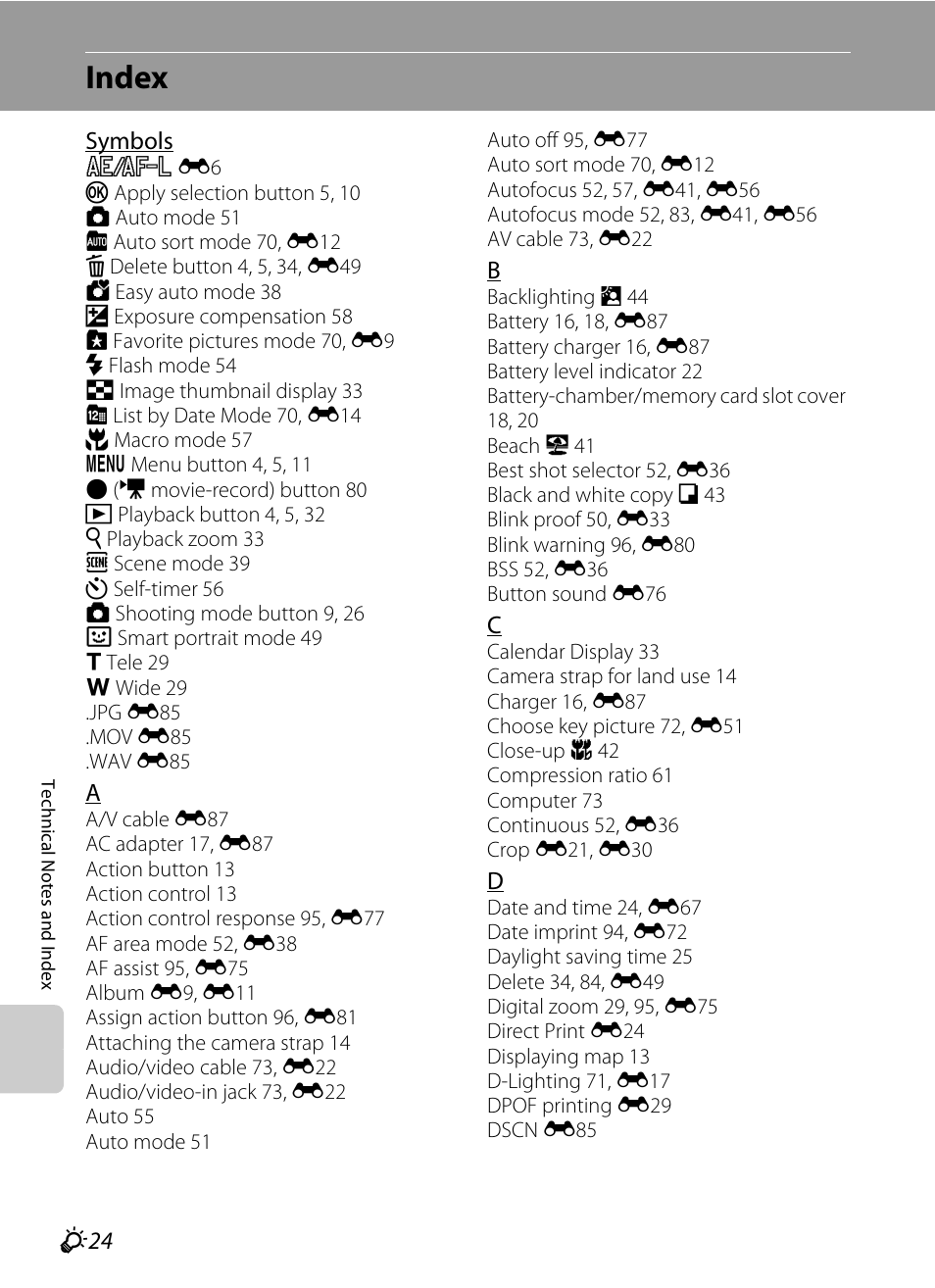 Index, F 24 | Nikon AW100 User Manual | Page 238 / 242