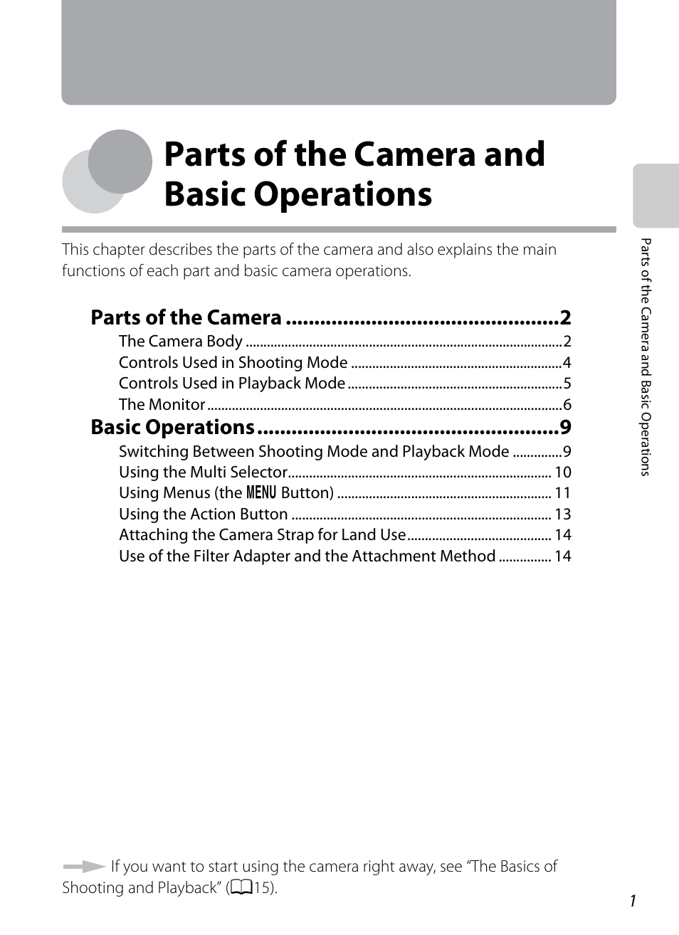 Parts of the camera and basic operations, Ns, see “parts of the camera and basic operations, Parts of the camera | Basic operations | Nikon AW100 User Manual | Page 25 / 242