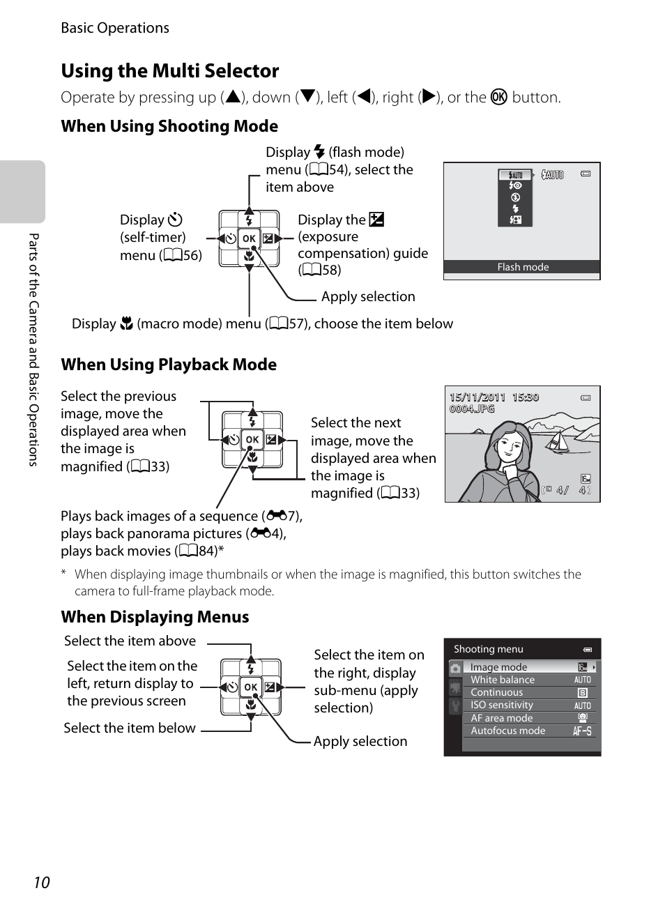 Using the multi selector, E “using the multi selector, A10) | When using shooting mode when using playback mode, When displaying menus | Nikon AW100 User Manual | Page 34 / 242