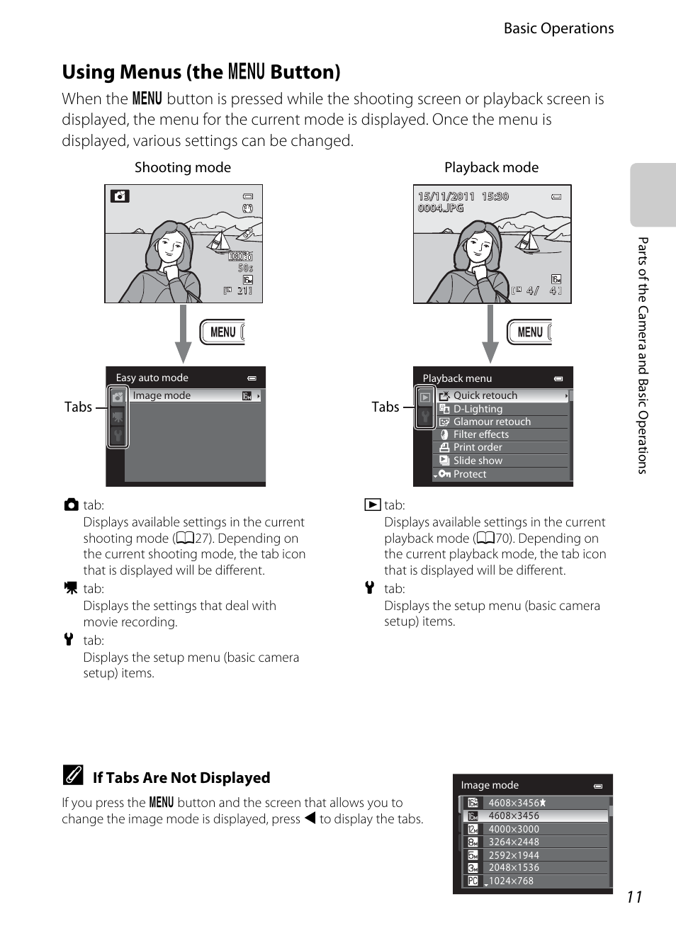 Using menus (the menu button), Using menus (the, D button) | Using menus (the d button), Basic operations, If tabs are not displayed | Nikon AW100 User Manual | Page 35 / 242