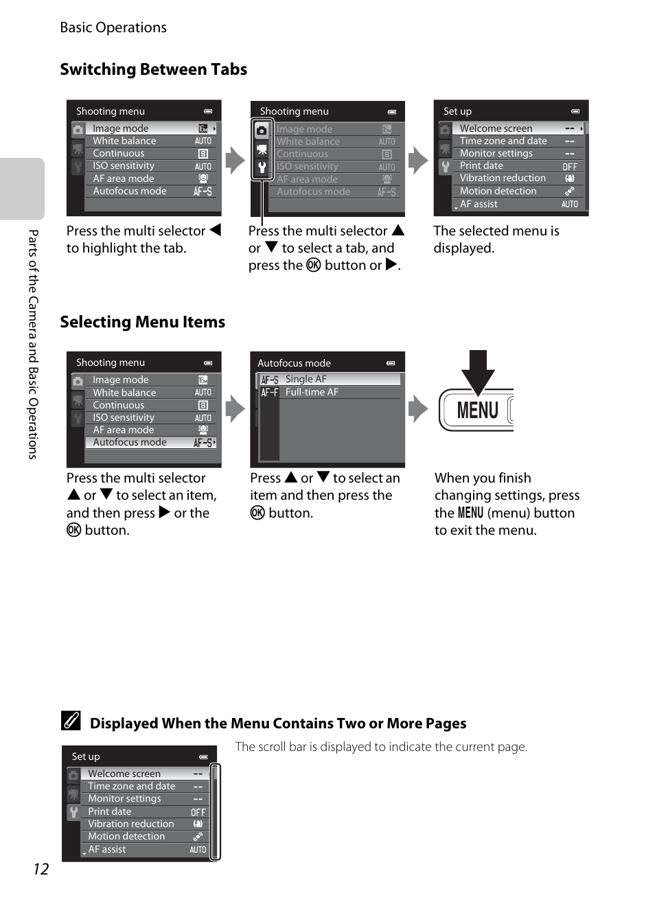 Switching between tabs selecting menu items, Basic operations, Displayed when the menu contains two or more pages | Nikon AW100 User Manual | Page 36 / 242