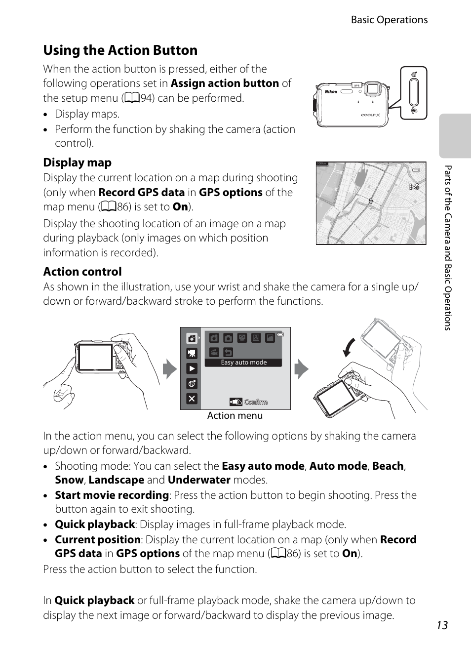 Using the action button, Display map, Action control | Nikon AW100 User Manual | Page 37 / 242