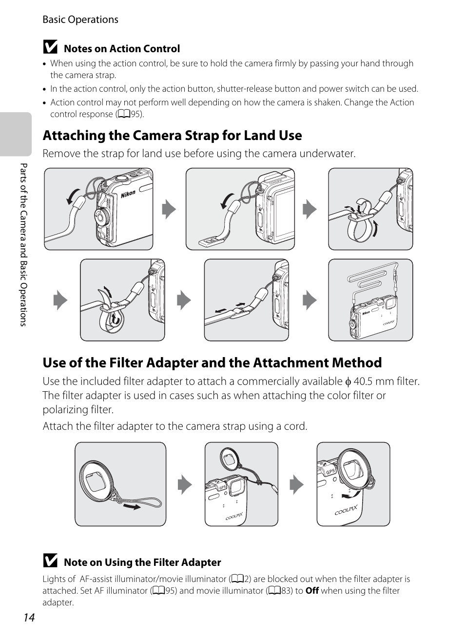 Attaching the camera strap for land use | Nikon AW100 User Manual | Page 38 / 242