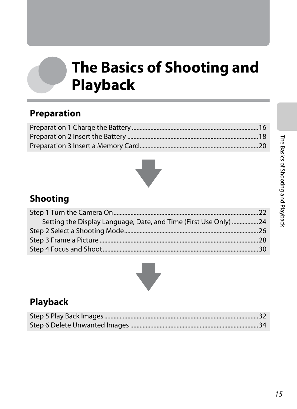 The basics of shooting and playback, Ee “the basics of, Shooting and playback | A15), Preparation, Shooting, Playback | Nikon AW100 User Manual | Page 39 / 242