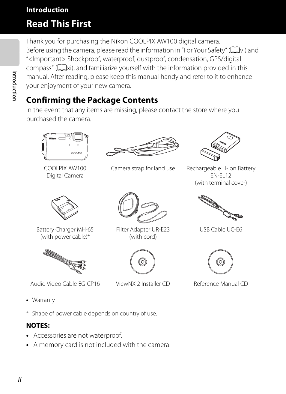 Introduction, Read this first, Confirming the package contents | Nikon AW100 User Manual | Page 4 / 242