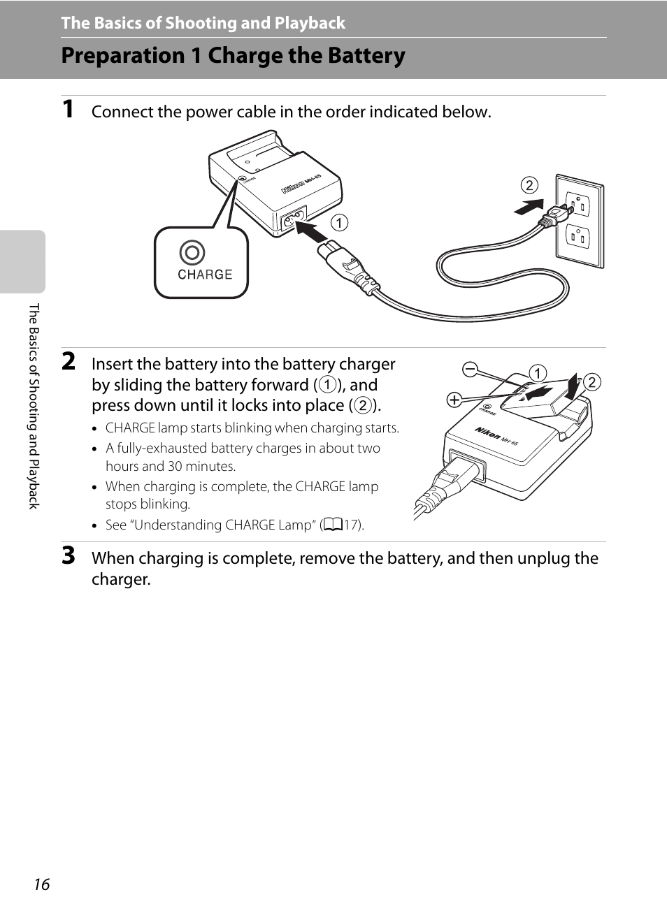 Preparation 1 charge the battery | Nikon AW100 User Manual | Page 40 / 242