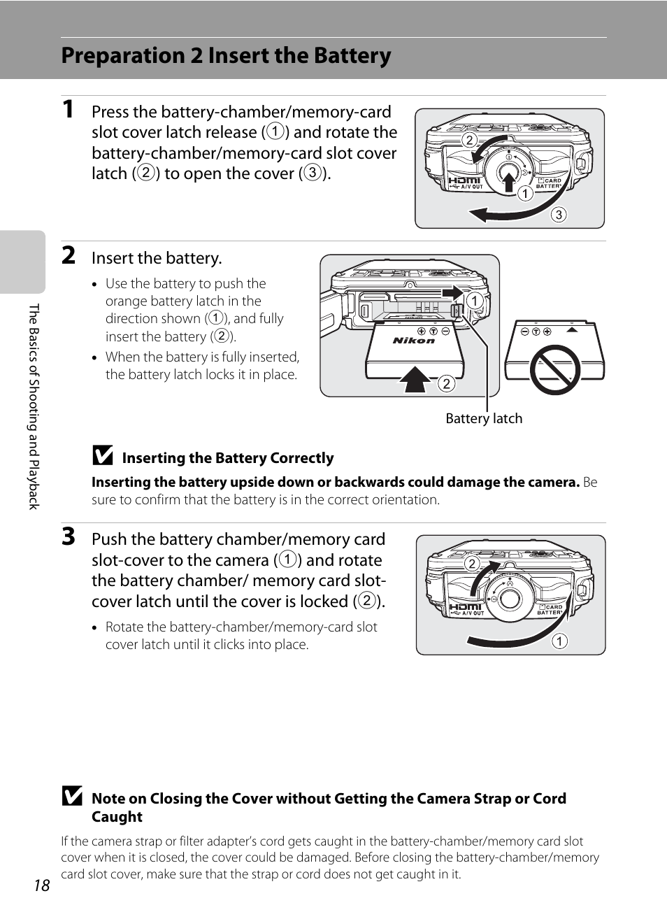 Preparation 2 insert the battery | Nikon AW100 User Manual | Page 42 / 242