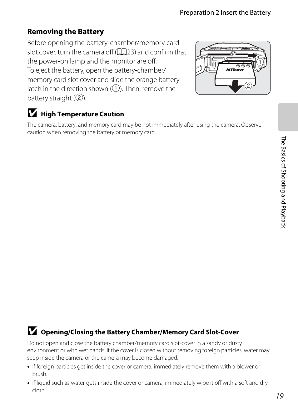 Removing the battery | Nikon AW100 User Manual | Page 43 / 242