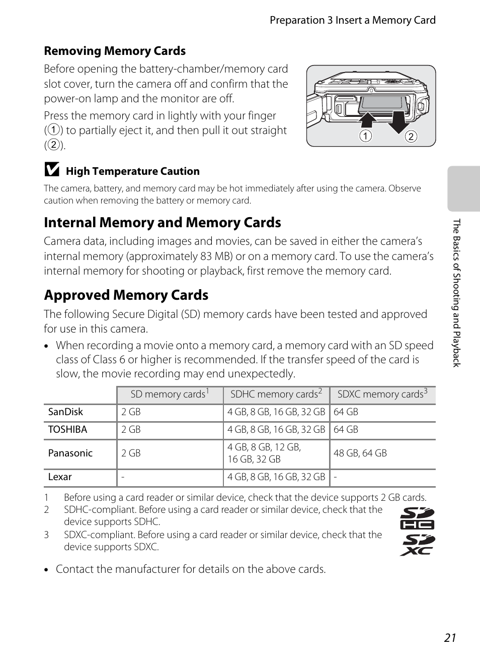 Internal memory and memory cards, Approved memory cards | Nikon AW100 User Manual | Page 45 / 242