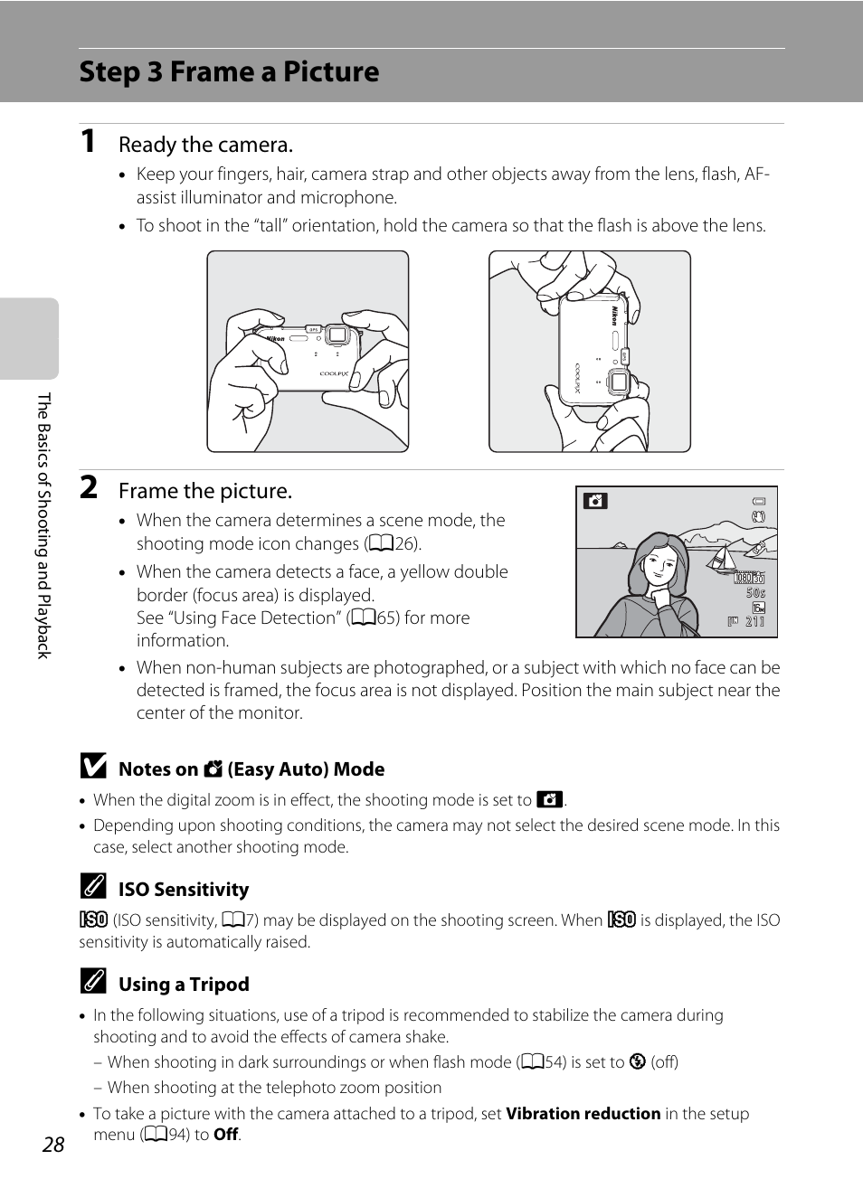 Step 3 frame a picture, Ready the camera, Frame the picture | Nikon AW100 User Manual | Page 52 / 242
