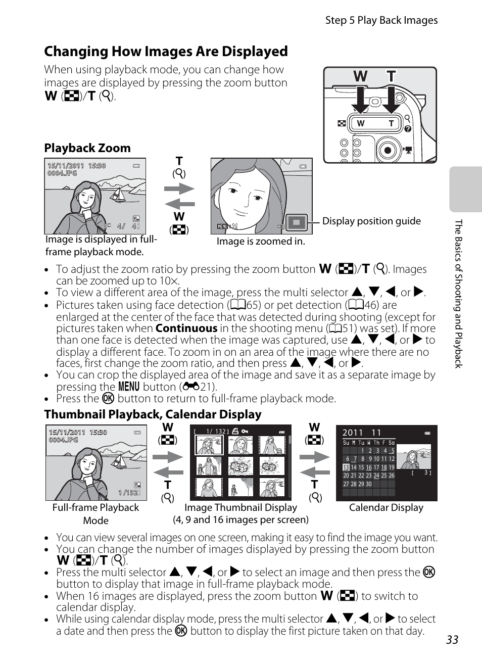 Changing how images are displayed, A33), Playback zoom | Thumbnail playback, calendar display | Nikon AW100 User Manual | Page 57 / 242