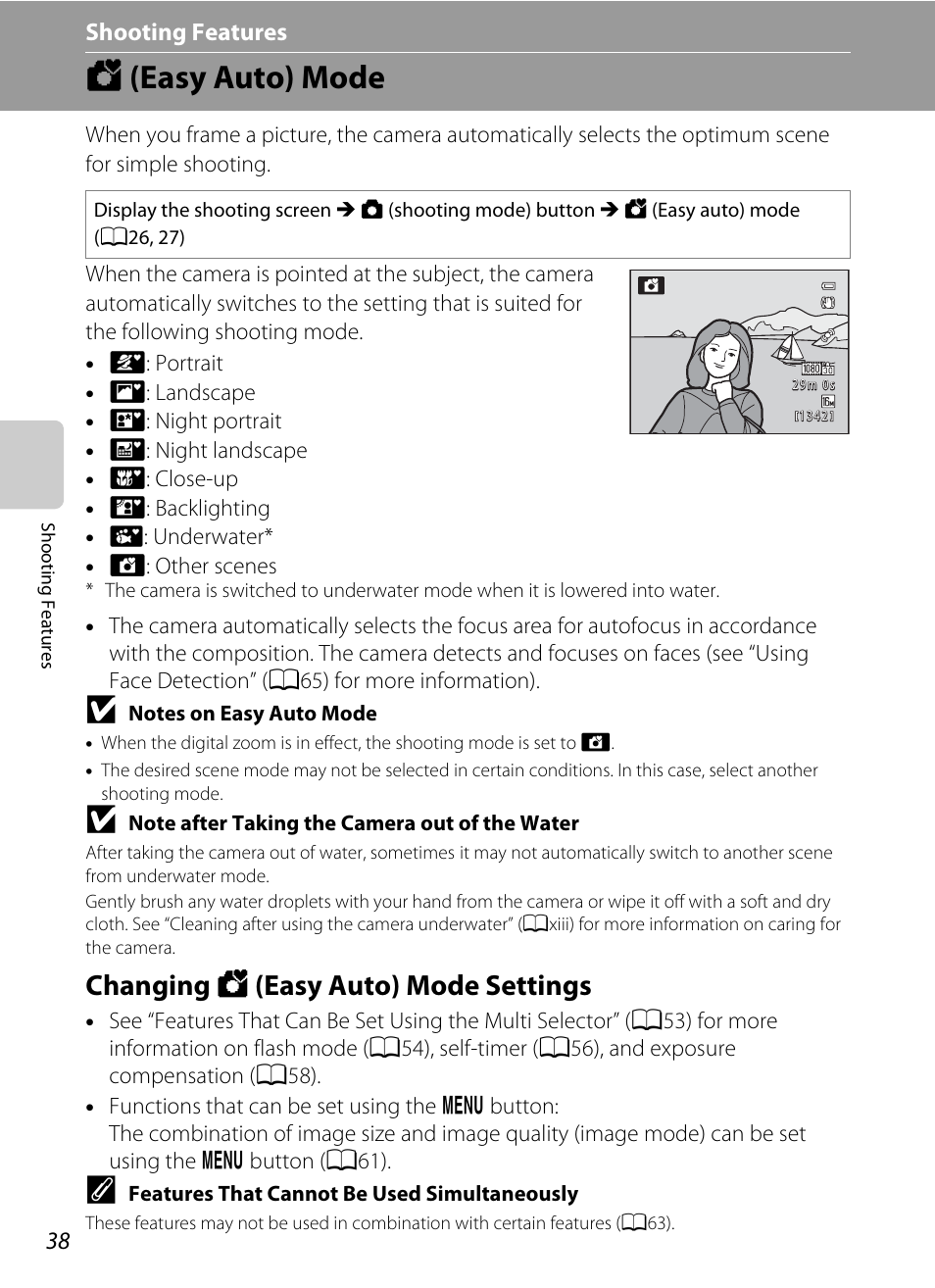 Easy auto mode, Changing easy auto mode settings, G (easy auto) mode | Changing g (easy auto) mode settings, Shooting, Features | Nikon AW100 User Manual | Page 62 / 242