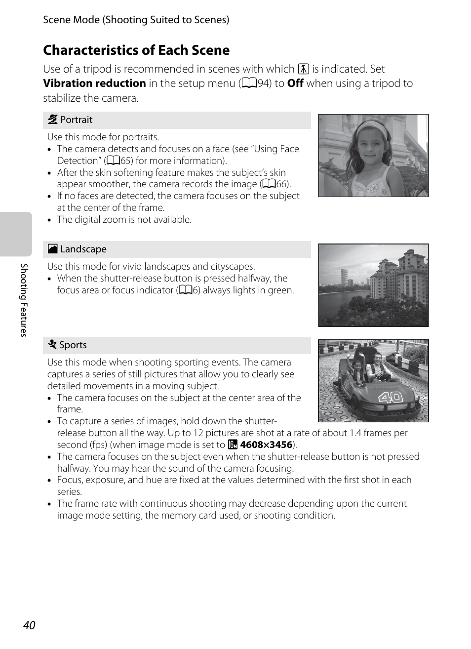 Characteristics of each scene, A40), Pe (a40) | Nikon AW100 User Manual | Page 64 / 242