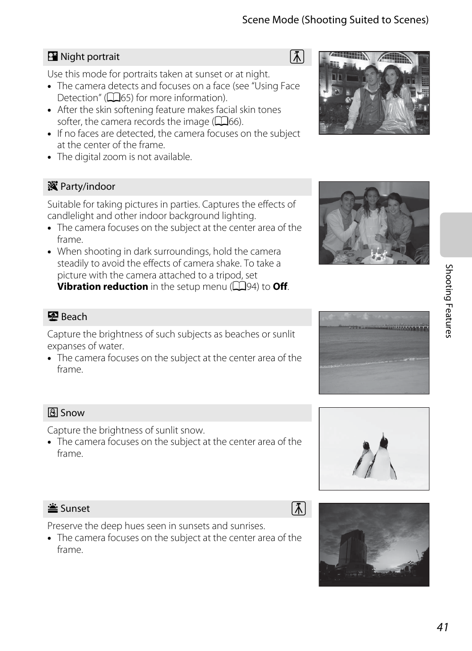 A41), Rty/indoor (a41), Snow | Nikon AW100 User Manual | Page 65 / 242