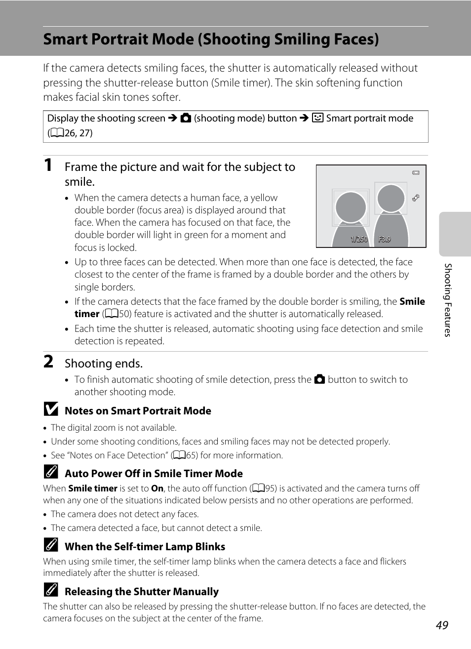 Smart portrait mode (shooting smiling faces) | Nikon AW100 User Manual | Page 73 / 242