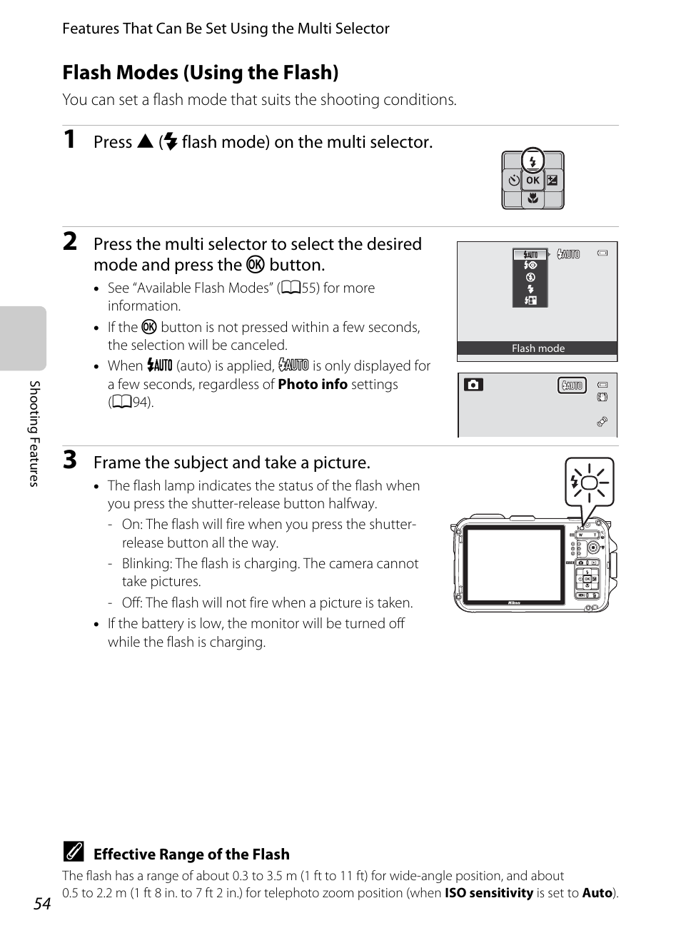 Flash modes (using the flash), A54), se, A54) | Information on flash mode, A54), self-timer, A54) to, Mode (a54) | Nikon AW100 User Manual | Page 78 / 242