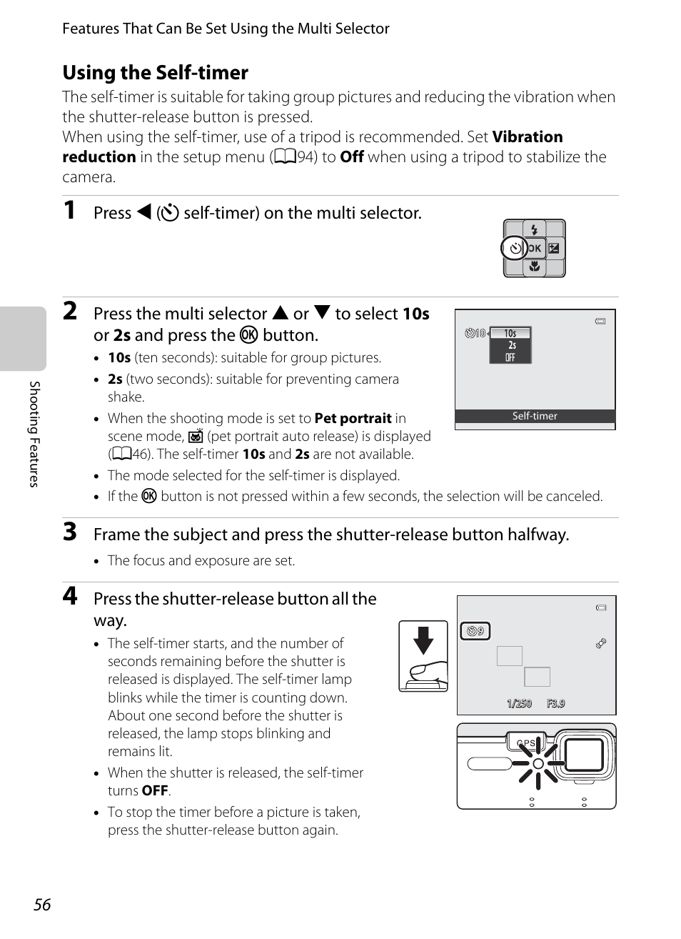 Using the self-timer, A56), A56), and ex | Imer, Imer (a56) | Nikon AW100 User Manual | Page 80 / 242