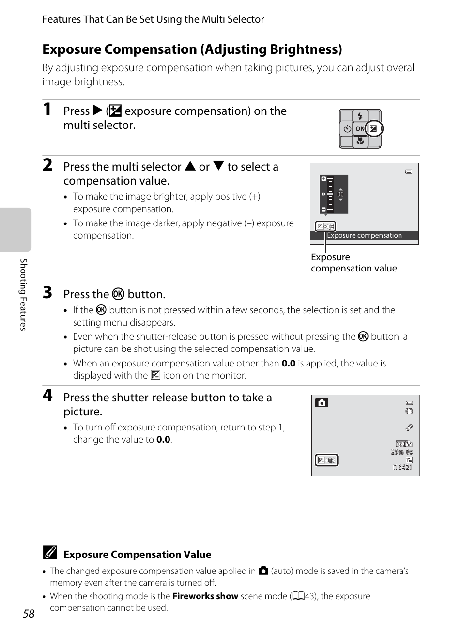 Exposure compensation (adjusting brightness), A58) | Nikon AW100 User Manual | Page 82 / 242