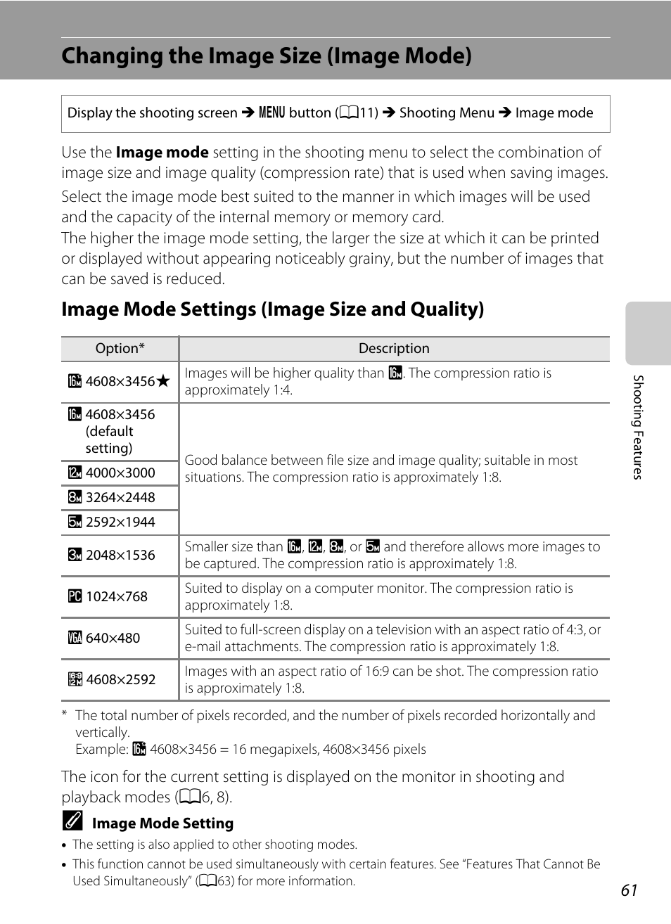 Changing the image size (image mode), Image mode settings (image size and quality), A61) | A61, except | Nikon AW100 User Manual | Page 85 / 242
