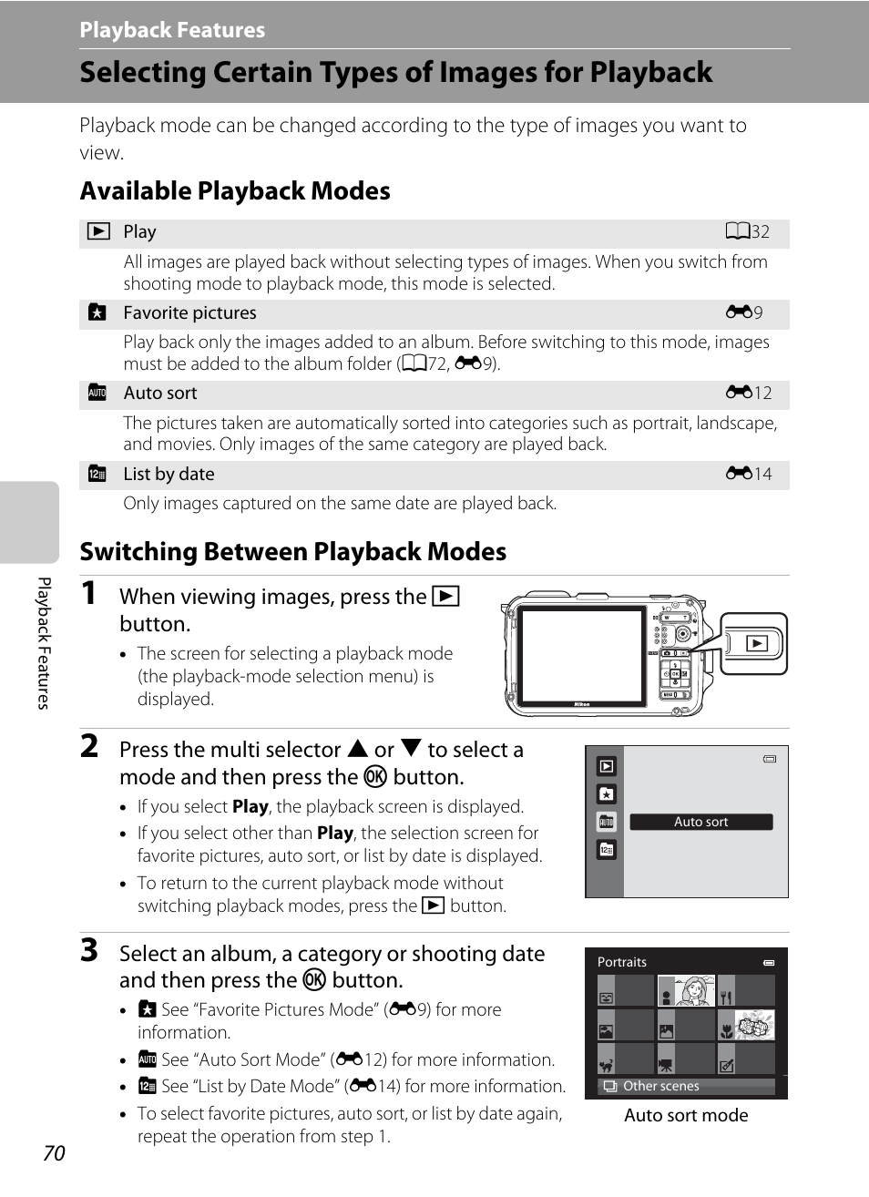Selecting certain types of images for playback, Available playback modes, Switching between playback modes | Ck modes, A70) | Nikon AW100 User Manual | Page 94 / 242