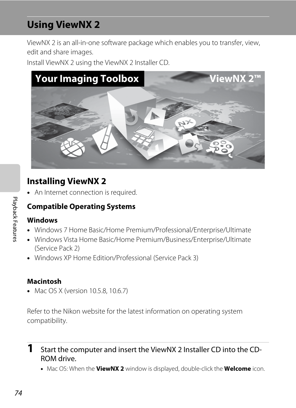 Using viewnx 2, Installing viewnx 2, A74) | Your imaging toolbox viewnx 2 | Nikon AW100 User Manual | Page 98 / 242