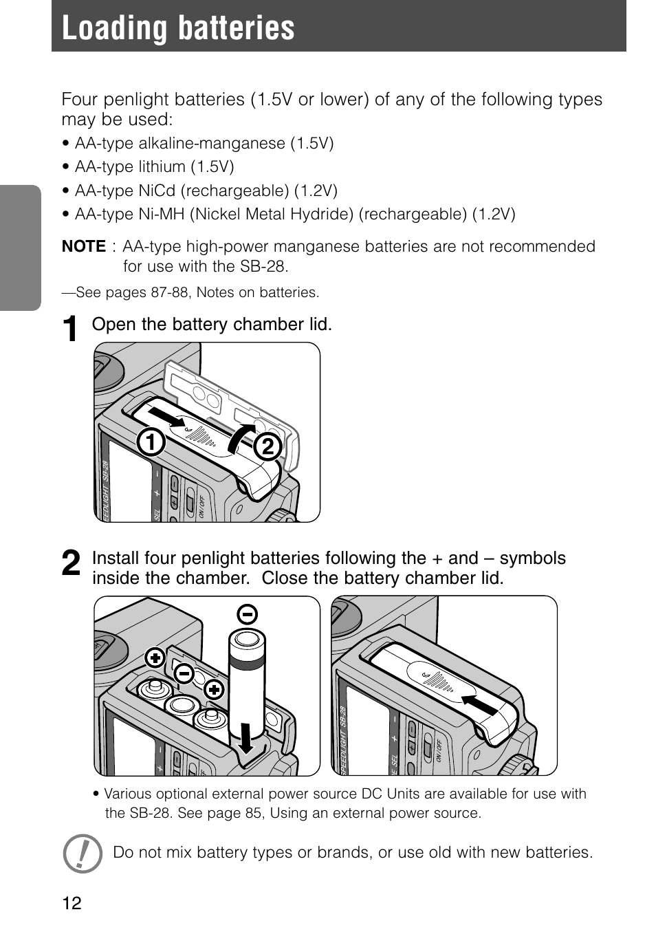 Loading batteries | Nikon SB-28 User Manual | Page 12 / 97