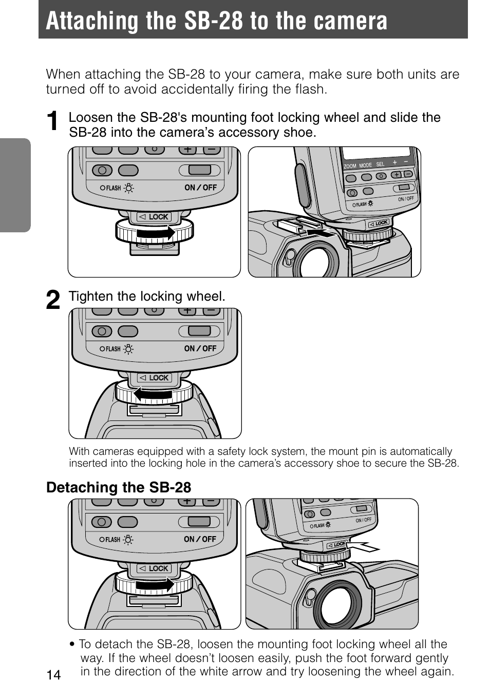 Attaching the sb-28 to the camera | Nikon SB-28 User Manual | Page 14 / 97