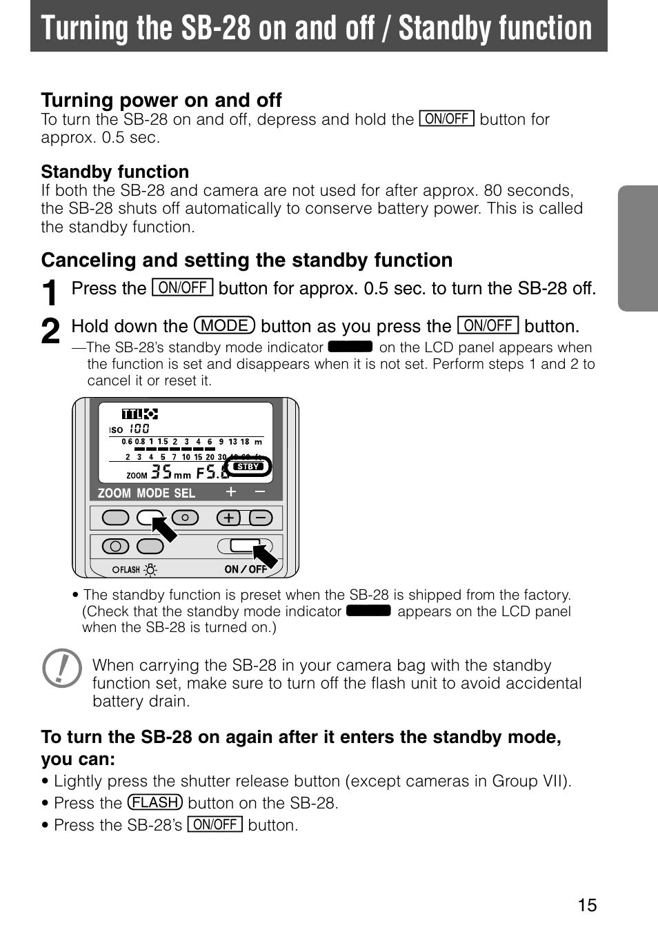 Turning the sb-28 on and off / standby function | Nikon SB-28 User Manual | Page 15 / 97