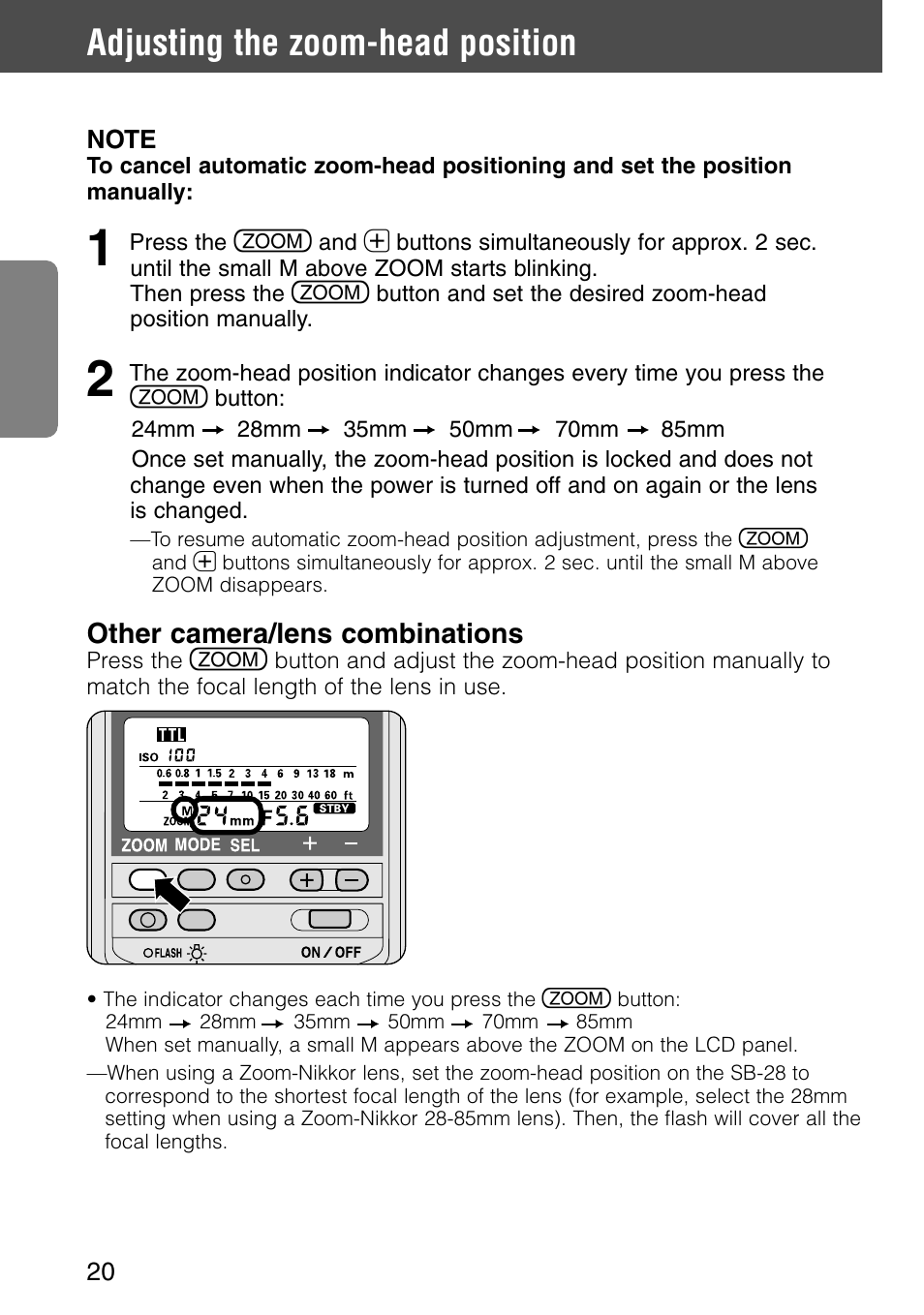 Adjusting the zoom-head position | Nikon SB-28 User Manual | Page 20 / 97