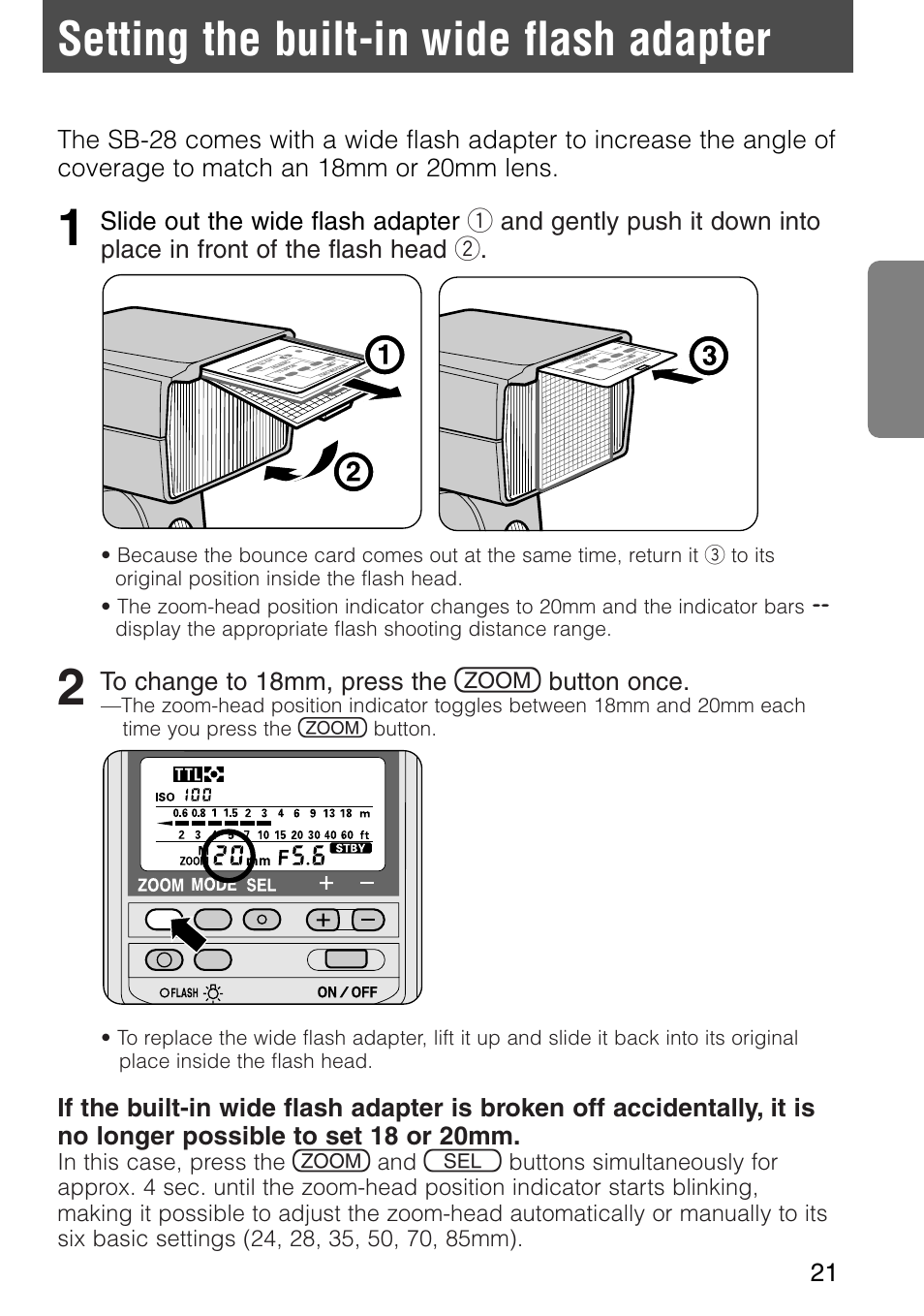 Setting the built-in wide flash adapter | Nikon SB-28 User Manual | Page 21 / 97